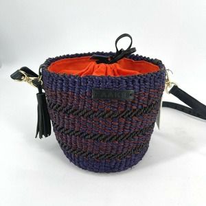 AAKS Oroo Pins Mini Raffia Bucket Bag Woven Blue and Red Cinch Close Crossbody